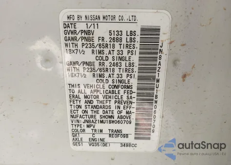 2011 Nissan Murano Sl из США, поврежденный, VIN JN8AZ1MU1BW060709